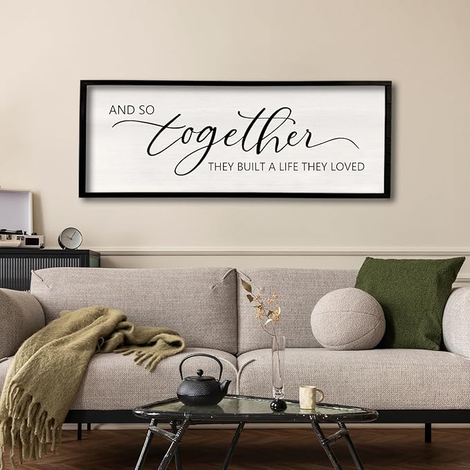 And So Together They Built A Life They Loved Sign 40”X15” Master Bedroom Above Bed Wall Decor Large Framed Wood Farmhouse Sign for Over Bed Bedside Wall Art for Love Sign Decor (Black)-Ruum Studio Home