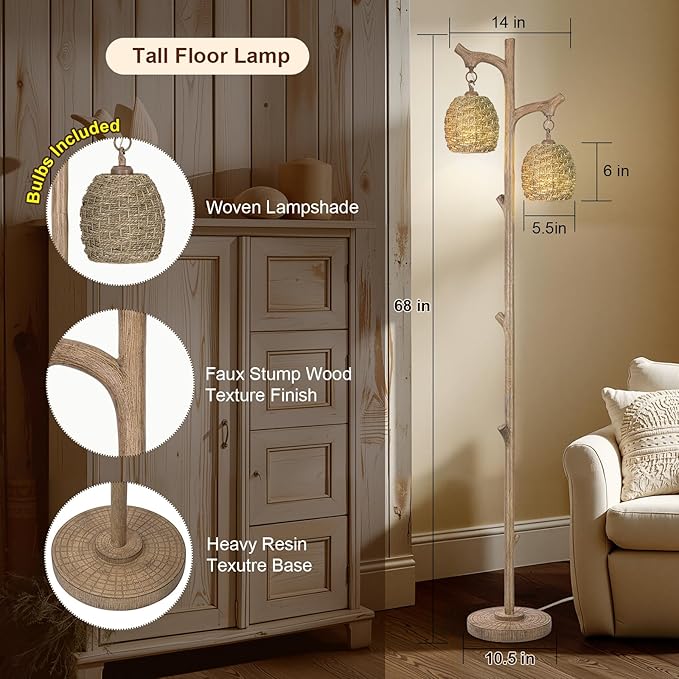 Scenekoy Vintage 68” Tall Floor Lamp with Straw Rope Woven Shade, Retro Resin Standing Lamp Tree Trunk Finish, Dimmable Corner Lamp Stand Up Light with Bulb Prefer for Living Room Bedroom Home Decor-Ruum Studio Home