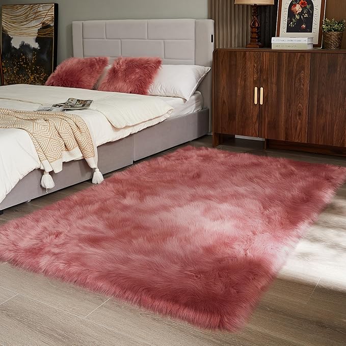 AMTOVO Faux Fur Sheepskin Rug for Living Room, 4 x 6 ft Blush Pink Fluffy Area Rug for Bedroom, Playroom, Luxury Room Decor, Rectangle-Ruum Studio Home