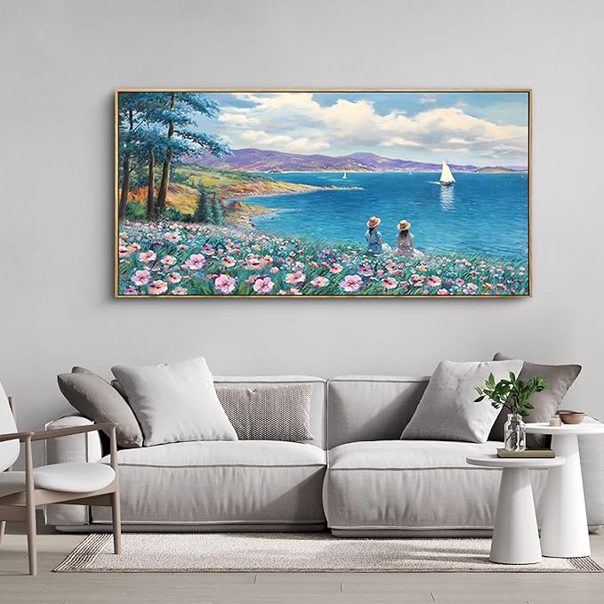 XLSJERST Landscape Wall Art - Blue Ocean Pink Flower Sailboat Mountain Tree Decor Orange Frame Artwork for Wall Large Picture for Living Room Bedroom Home Office Wall Decoration Size 20x40-Ruum Studio Home