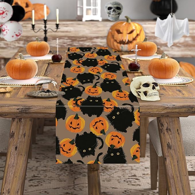 Halloween Table Runner Black Cat Pumpkins Seasonal Kitchen Dining Table Home Outdoor Party Decorations 13x48 Inch-Ruum Studio Home