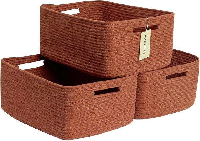 Large Storage Baskets for Shelves, Closet Organizers Bins for Clothes Blanket Towels, Baby Nursery, Toy Baskets Box, Woven Rope Baskets, 17 x 13 x 7.5”, 3 Packs Oxide Red-Ruum Studio Home