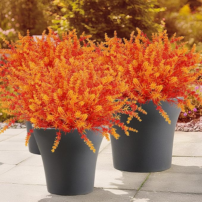 Geegoods 16 Bundles Artificial Fall Flowers Outdoor – Faux Lavender Flowers with Monkey Grass UV Resistant Plastic Faux Plants for Halloween Front Door Porch Patio Yard Balcony Decor, Orange Color-Ruum Studio Home