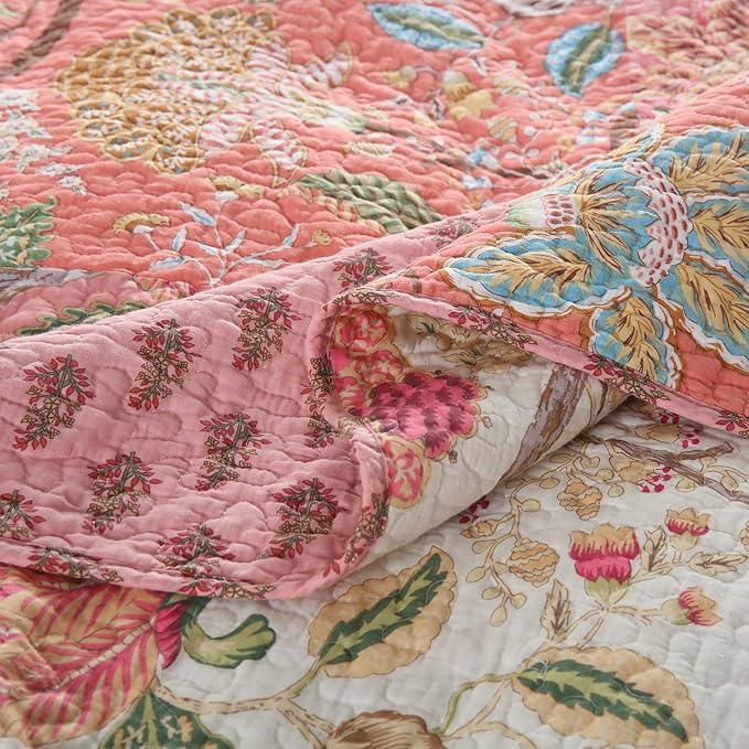 NEWLAKE Cotton Patchwork Bedspread, 3-Piece Bedding Quilt Set with Real Stitched Embroidery, Reversible Matelasse Bed Coverlet Set,Bohemian Floral, Queen Size-Ruum Studio Home
