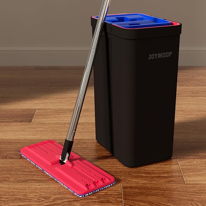 JOYMOOP Mop and Bucket with Wringer Set, Hands Free Flat Floor Mop and Bucket, with 6 Washable Microfiber Pads, Wet and Dry Use, Floor Cleaning System - Black+Red+Slate Blue-Ruum Studio Home
