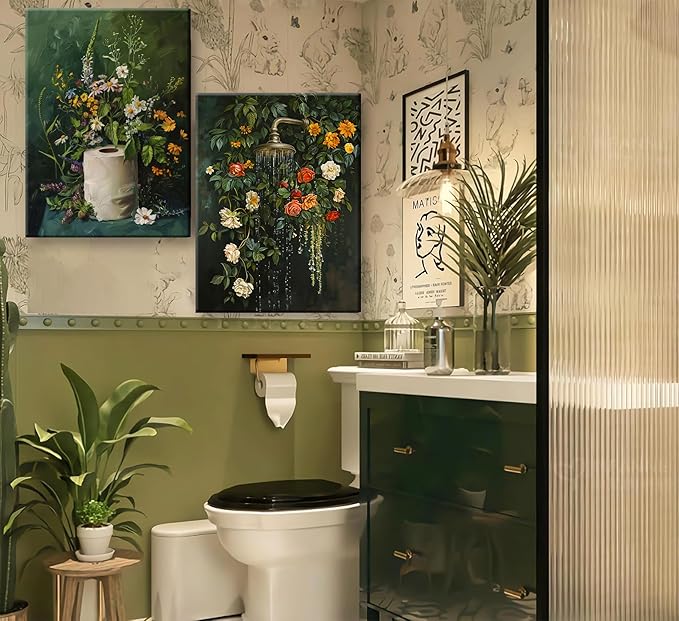 3Pcs Framed Vintage Dark Green Bathroom Wall Art Shower Toilet Paper Roll Floral Poster Print Modern Farmhouse plants Painting Picture Wall Decor For Bathroom Living Room Decoration-Ruum Studio Home