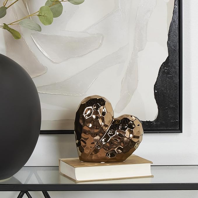Deco 79 Ceramic Heart Decorative Sculpture Dimensional Angled Origami Inspired Home Decor Statue with Faceted Exterior, Accent Figurine 8" x 3" x 8", Rose Gold-Ruum Studio Home