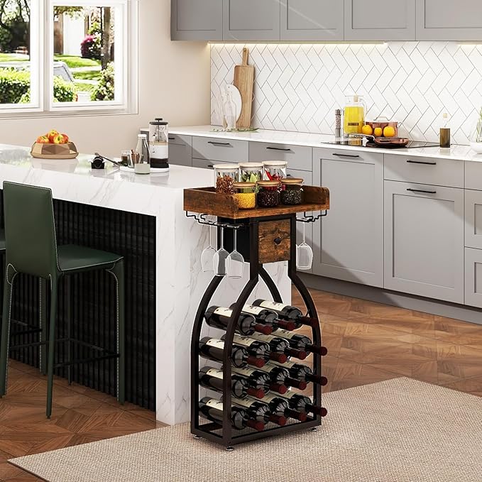 IBUYKE Wine Rack Freestanding Floor,Wine Storage 15 Bottles Bottle Rack with Glass Holders, Mini Bar Wine Cabinet with Storage Drawer for Home Bar Kitchen Dining Room,Rustic Brown,UTMJ908H-Ruum Studio Home