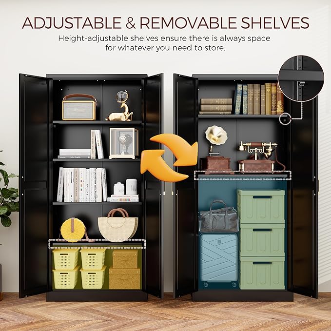 71" Tall Metal Pantry Cabinet, Black Kitchen Pantry Storage Cabinet with 4 Adjustable Shelves and Gold Handles, Cupboard for Kitchen, Dining Room, Living Room, Bathroom-Ruum Studio Home