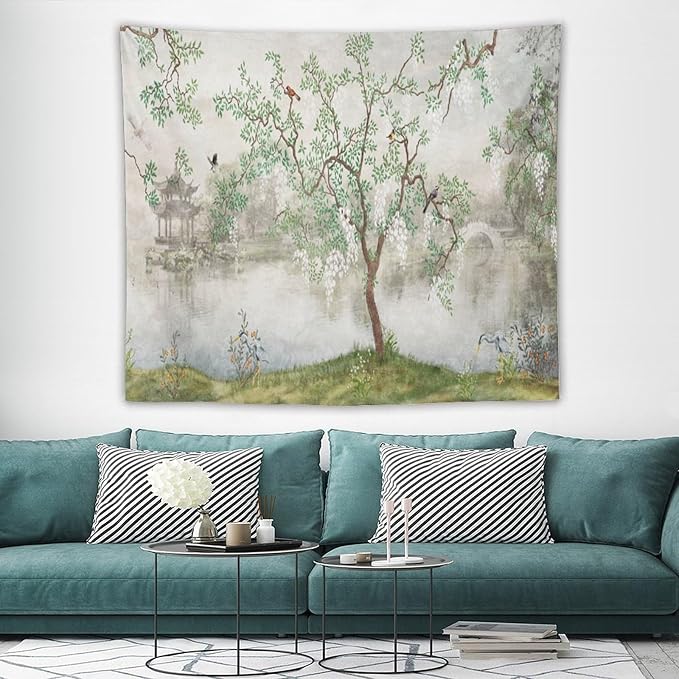 HZOHNAGO Japanese Tapestry Tree Misty Garden Lake Printed Wall Tapestry Ink Painting Wall Hanging for Bedroom Living Room Dorm 60" W x 50" H-Ruum Studio Home