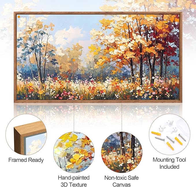 Aurlan Forest Wildflowers Landscape Hand Painted Framed Wall Decor(40"x20"), Vintage Nature Yellow Leaves Scenery 3D Textured Canvas Oil Painting, Classical Watercolor Floral Wall Art for Living Room Bedroom-Ruum Studio Home