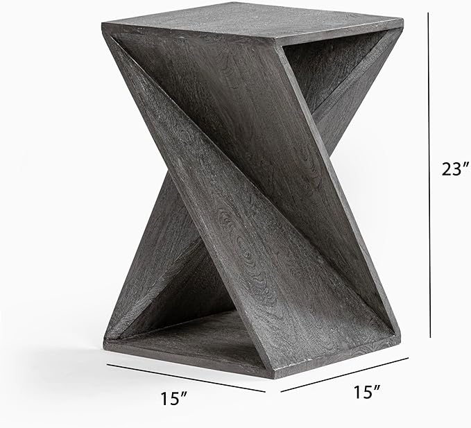 Modern Hand Made One-of-a-Kind Carved Mango Wood End Table, Farmhouse Side Table,Farmhouse End Table,Living Room,Bedroom, Accent Table, Contemporary Architectural Designed Grey,Assembled-Ruum Studio Home