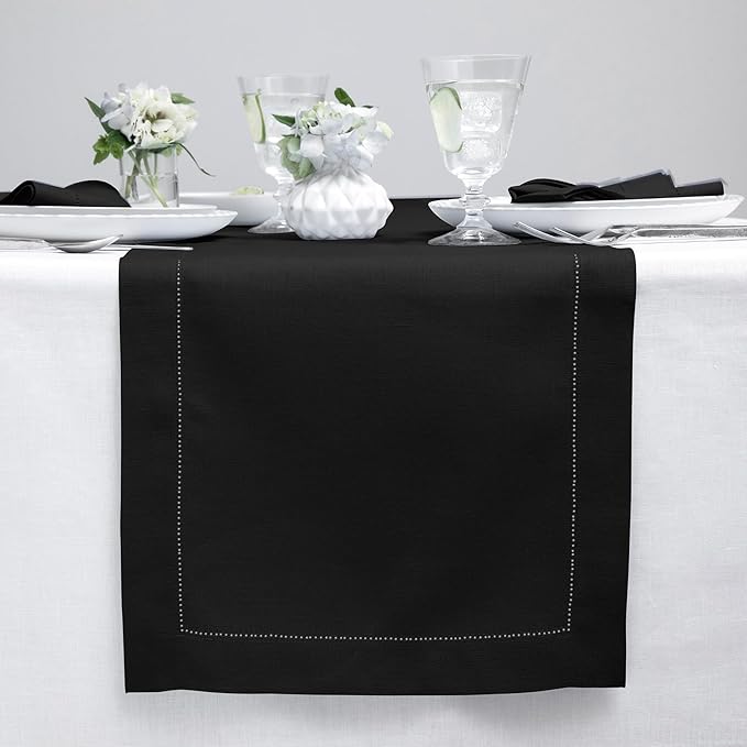 Solino Home Linen Black Table Runner 60 Inches - Classic Hemstitch, 100% Pure Linen Coffee Table Runner 14 x 60 Inch Ideal for Dresser Tables - Fall, Autumn, Halloween, Thanksgiving-Ruum Studio Home