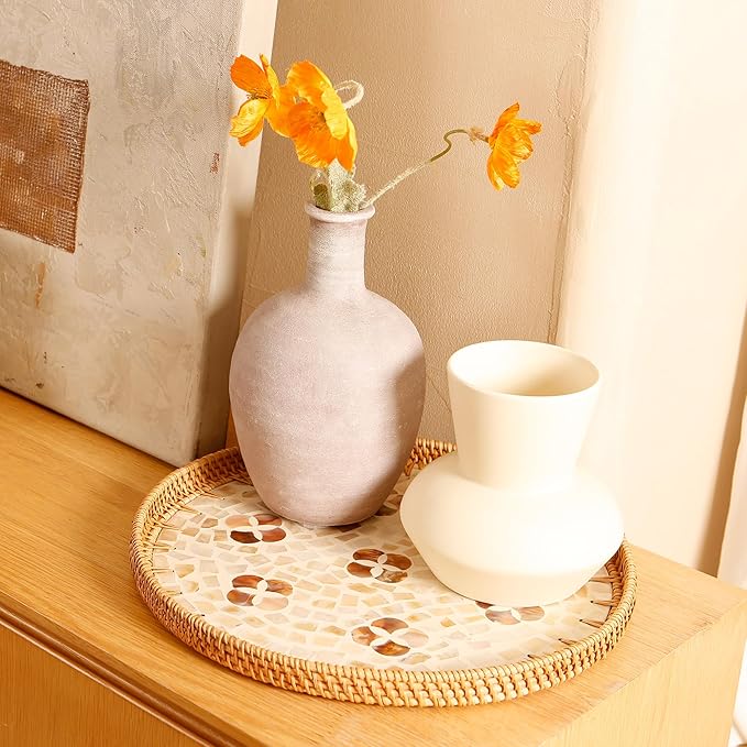 Round Rattan Tray with Mother of Pearl Inlay & Wooden Base - Decorative Wicker Serving Tray for Coffee/Bread/Fruits, Food Storage & Display - Multipurpose Home Decor (L,Four-Petal Flower)-Ruum Studio Home
