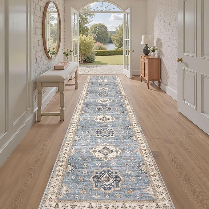 Washable 2.6x14 Runner Rug - Area Rugs Neutral Vintage Distressed Floral Farmhouse Boho Large Soft Floor Rug Indoor Carpet for Hallway Entryway Home - Blue-Ruum Studio Home