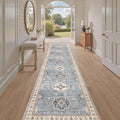 Washable 2.6x12 Runner Rug - Area Rugs Neutral Vintage Distressed Floral Farmhouse Boho Large Soft Floor Rug Indoor Carpet for Hallway Entryway Kitchen Home - Blue-Ruum Studio Home