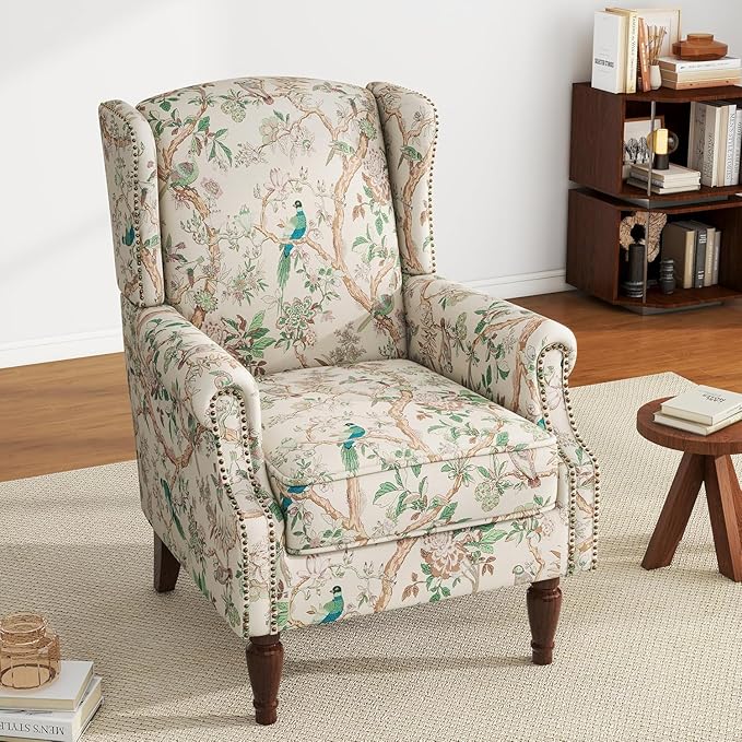 UIXE High Back Floral Accent Chair, Upholstered Armchair in Fabric for Living Room, Retro Printed Wingback Arm Chair Comfy Single Sofa Bedroom Reading Seat with Solid Wood Legs - Bird Pattern-Ruum Studio Home