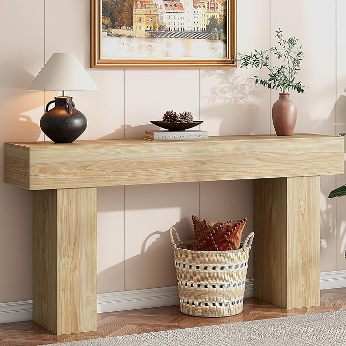 63 Inch Long Console Table for Entryway, Farmhouse Wood Rectangular Sofa Table Behind Couch Table, Narrow Entryway Table for Living Room, Entrance, Hallway, Foyer, Easy Assembly (Natural)-Ruum Studio Home