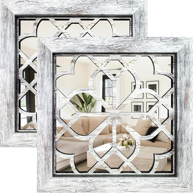 Boho Square Wall Mirrors Set of 2-12" x12'Decorative Mirrors for Wall Decor, BrownHandcrafted Mirror Panels Perfect for LivingRoom Bedroom Entryway Hallway (Grey)-Ruum Studio Home