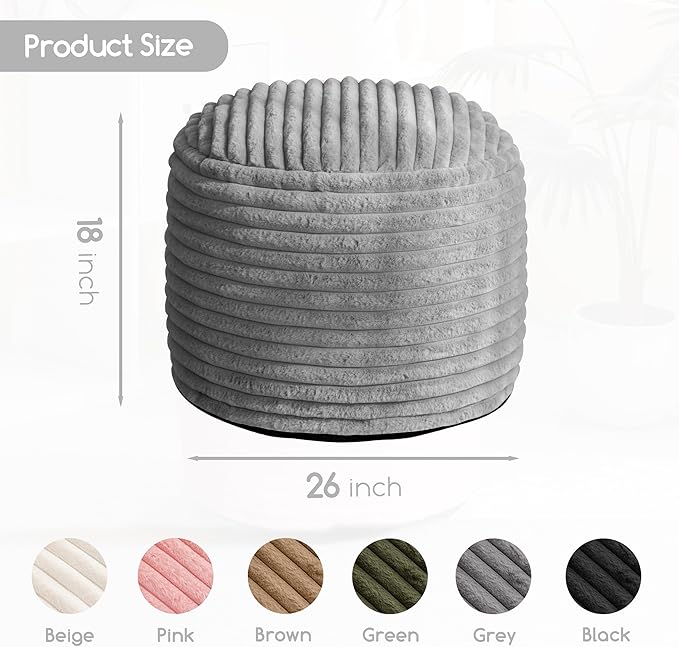 HIGOGOGO Round Stuffed Pouf Ottoman, Stripe Faux Fur Poufs with Foam Chunk Filling, Furry and Fluffy Pouf Foot Stool Storage Ottoman, 26 X 18 Floor Poufs Foot Rest for Living Room, Grey-Ruum Studio Home