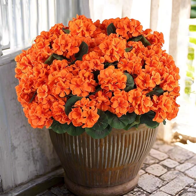 Hananona 6 Bundles Artificial Geranium Flowers for Outdoors Orange Silk Geranium Flowers Outdoor UV Resistant Plants Faux Fall Flower for Home Kitchen Autumn Table Centerpieces Decor (6, Orange)-Ruum Studio Home