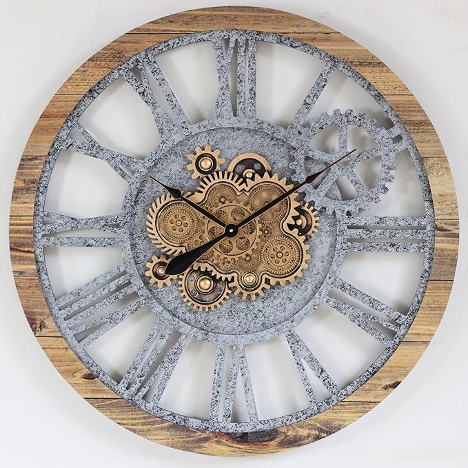 The Gears Clock 36'' Inch Real Moving Gear Wall Clock Vintage Industrial Oversized Rustic Farmhouse (Wood and Stone)-Ruum Studio Home