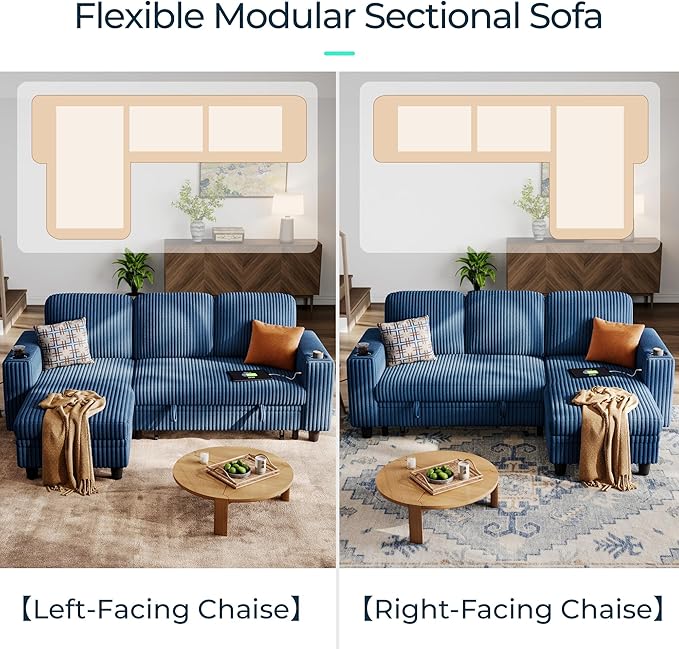LINSY HOME Sectional Sleeper Sofa with Pull Out Couch Bed - Convertible Plush Corduroy Cloud Couch with Storage Chaise & USB Charging, Comfy L Shaped Modular Couches for Living Room Apartment, Blue-Ruum Studio Home
