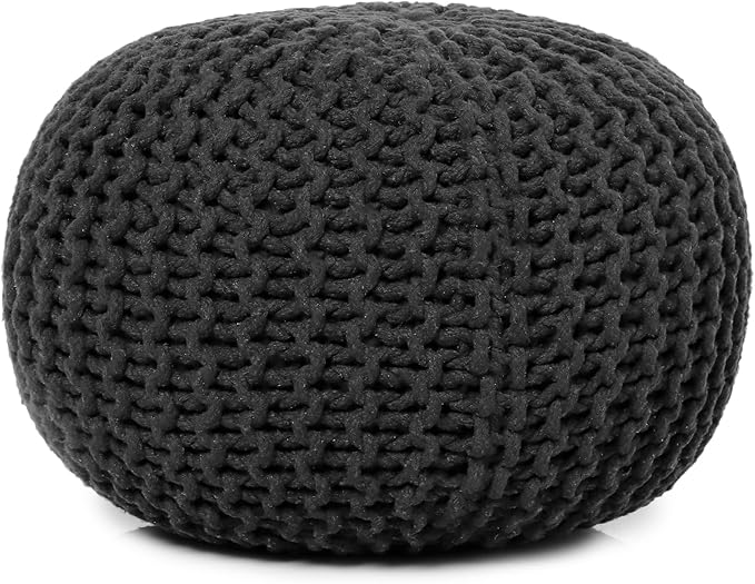 REDEARTH Round Pouf Foot Stool Ottoman - Cotton Hand Knitted Dori Pouffe - Cord Boho Home Décor - Stuffed Cable Poof for Living Room - Bedroom (19.5"x19.5"x14") - Dark Gray-Ruum Studio Home