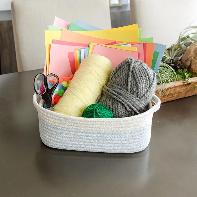 NaturalCozy 5-Piece Rectangle Storage Basket Set- Natural Cotton Rope Woven Baskets for Organizing! Small Basket for Montessori, Baby Nursery, Dog Toy Baskets, Cat Toy Box, Bathroom Organization Bin-Ruum Studio Home