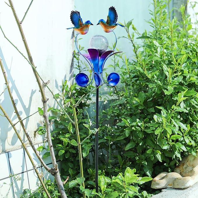 VCUTEKA Solar Lights Outdoor Metal Garden Stake Waterproof Crackle Glass Globe Garden Decor Blue Jay Bird for Pathway, Lawn, Patio, Yard-Ruum Studio Home