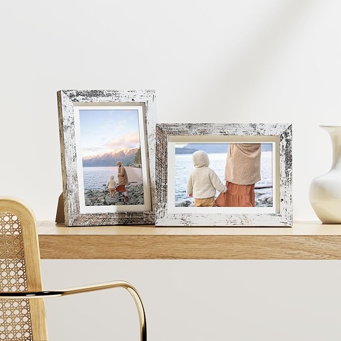 Vittanly 5x7 Picture Frames Set of 9, Shatter Resistant Plexiglass, Display 4x6 Pictures with Mat or 5x7 without Mat, Photo Frames for Wall or Tabletop, Engineered Wood, Distressed White-Ruum Studio Home
