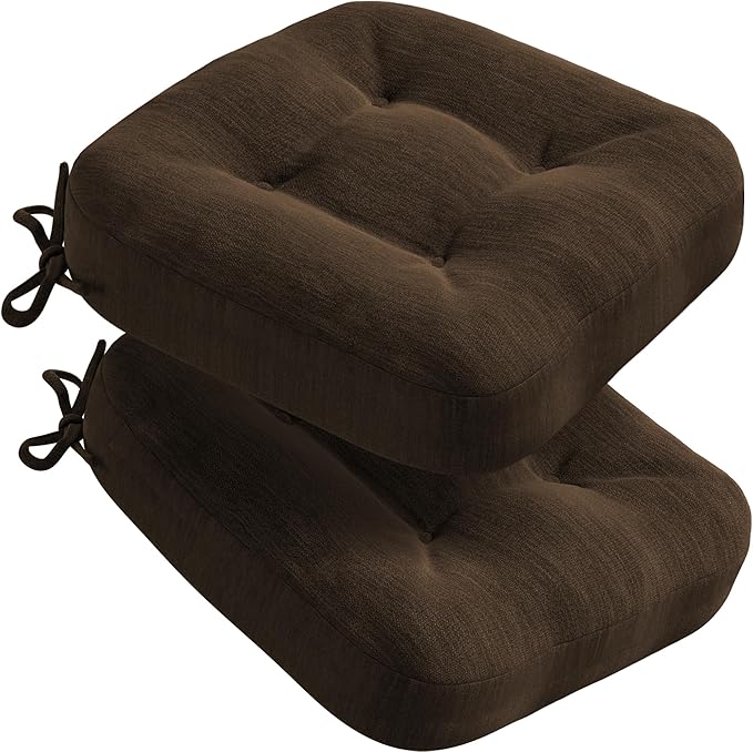 Codi Dining Chair Cushions 2 Pack, Thick Chairs Pads for Indoor Kitchen Room - Washable, Non-Slip Memory Foam Seat Cushion with Ties, 16.5"x16.5"x 3.5", Set of 2, Brown-Ruum Studio Home