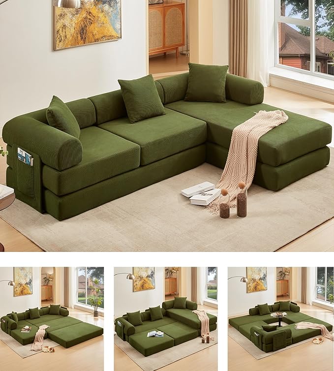 107" Oversized Convertible Sleeper Sofa Bed, Corduroy L Shape Sectional Couch, Folding Sofa Bed with Side Pocket, Modern Cloud Floor Mattress Couch, Modular Sofa for Living Room, Green-Ruum Studio Home