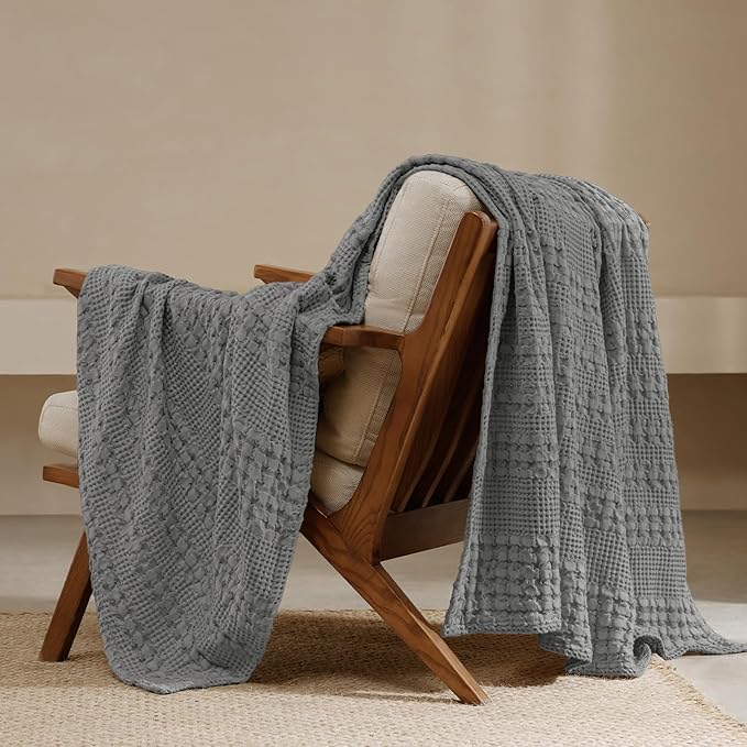 PHF 100% Cotton Waffle Weave Throw Blanket, Soft Lightweight Breathable Cozy Summer Throws for Couch Bed Sofa, Luxury Aesthetic Woven Blanket for Home Decor & Office, 50"x60", Dark Grey-Ruum Studio Home