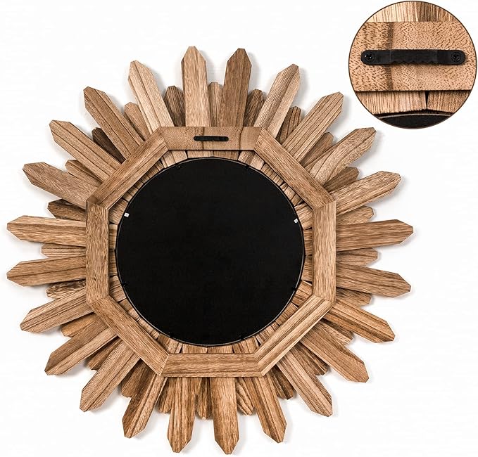 Honiway Mirror Wall Decor 21 inch Rustic Wood Boho Aesthetic Mirror for Room & Home Decor Farmhouse Wall Decor at Living Room Bedroom Carbonized Black-Ruum Studio Home