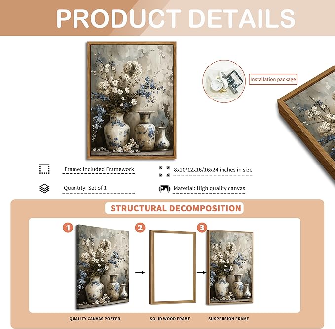 Floating Framed Farmhouse Floral Canvas Wall Art, Vintage Blue and White Flower Pictures Wall Decor, Elegant Art Jar Posters Print for Living Room Bedroom Bathroom Rustic Decor 16x24 inch-Ruum Studio Home