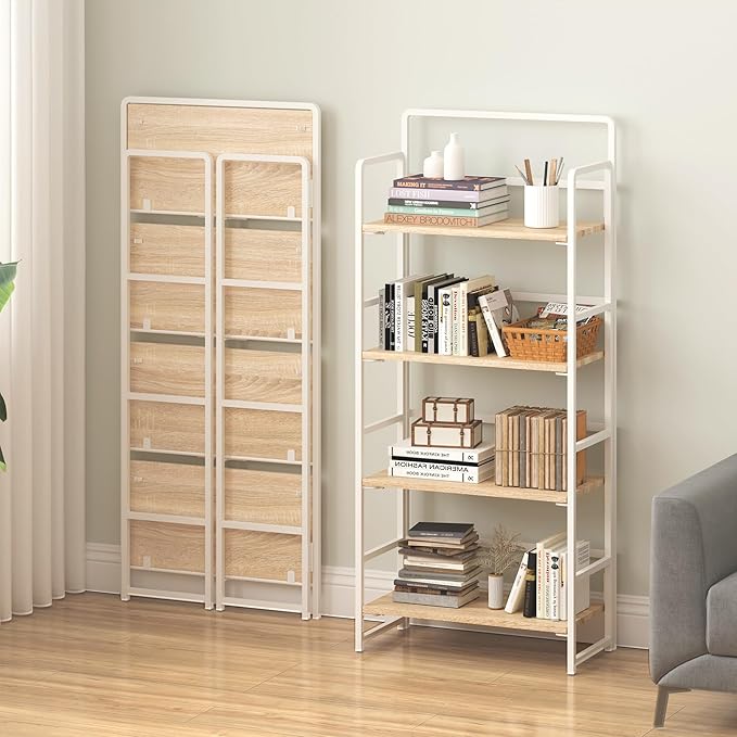 4NM No Assembly Foldable Bookshelf, 4-Shelf Collapsible Bookcase Storage for Small Spaces, 54" H, Natural White-Ruum Studio Home