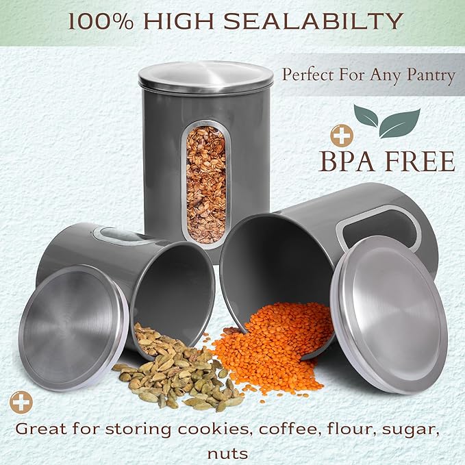 Moss & Stone 3-Piece Gray Canisters Sets For The Kitchen, Airtight Canister Set With See Through Window, Storage Jars for Coffee Container, Tea Organizer & Sugar Canister, Gray Kitchen Canisters-Ruum Studio Home