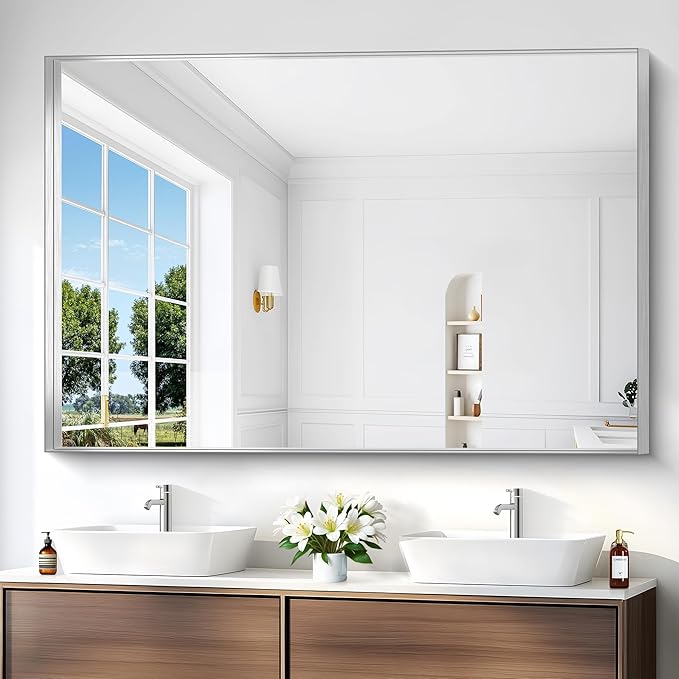 Silver Bathroom Mirror, 60x40 Inch Rectangular Framed Mirror, Large Wall Mounted Bathroom Vanity Mirror Over Sink for Bedroom,Restroom, Living Room, Hangs Vertically or Horizontally-Ruum Studio Home