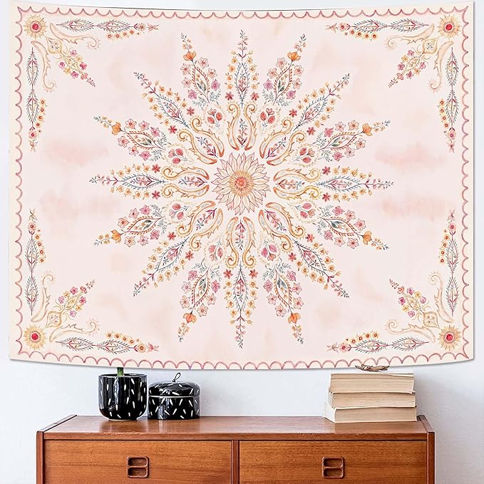 Fowocu Boho Floral Mandala Tapestry for Bedroom Aesthetic Pink Bohemian Flower Wall Tapestry Watercolor Hippie Indian Small Tapestries Wall Hanging for Living Room Dorm Decor 40 x 30 Inch-Ruum Studio Home