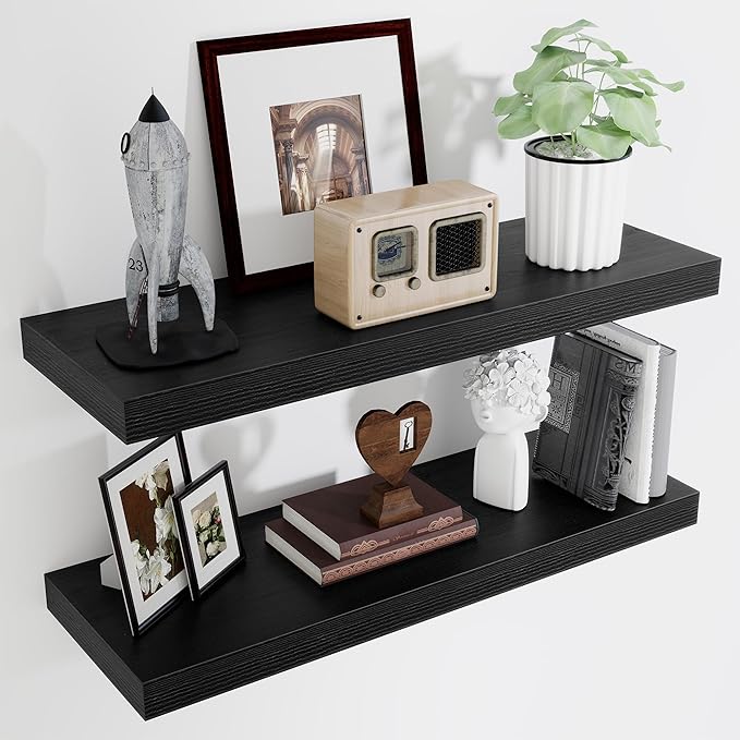Fun Memories Floating Shelves for Wall, 32 Inch Long Floating Shelves Set of 2, 32 x 10 Wooden Shelves for Wall, Large Storage Shelves, Hanging Shelves for Bathroom Kitchen Bedroom, Black-Ruum Studio Home