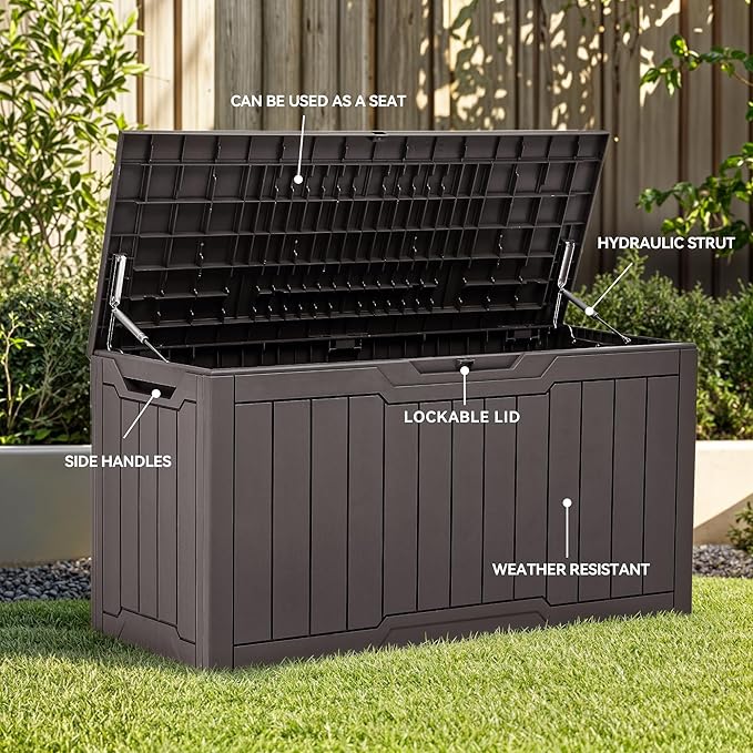 YITAHOME 100 Gallon Outdoor Storage Box, Large Water Resistant Resin Deck Box, Indoor Outdoor Lockable Storage Container for Patio, Garden, Cushions, Tools, Equipment (Dark Brown)-Ruum Studio Home