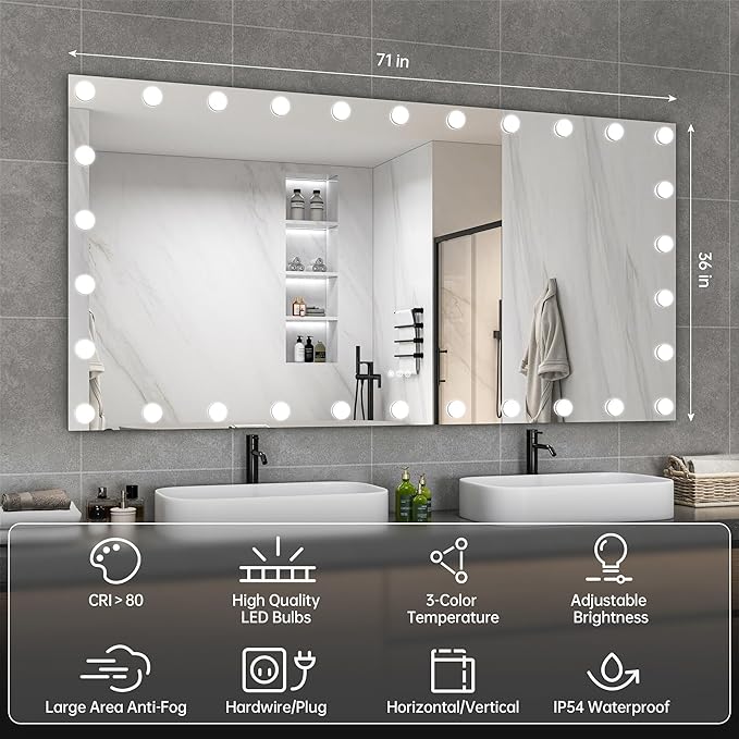 Hasipu LED Bathroom Mirror with Lights, 71" x 36" Hollywood Wall-Mounted Bathroom Mirror with 30 Dimmable Bulbs, 3 Colors Modes, Touch Control, Anti-Fog, Memory Function, Shatter-Proof, ETL Listed-Ruum Studio Home