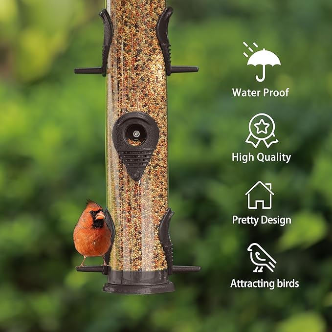 MIXXIDEA 1PK Metal Bird Feeders with 6 Feeding Ports,Tube Bird Feeder with Steel Hanger,Hard Plastic Wild Bird Feeder for Outdoors Hanging, Attracting Birds in Your Lawn, Garden, Balcony–Coffee-Ruum Studio Home