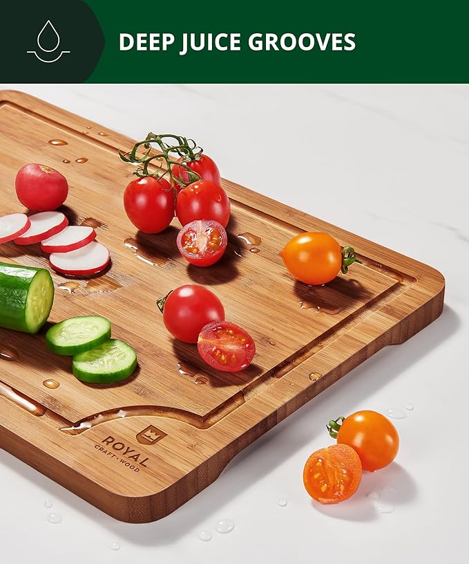 ROYAL CRAFT WOOD Wooden Cutting Boards for Kitchen Meal Prep & Serving - Bamboo Wood Serving Board Set with Deep Juice Groove Side Handles - Charcuterie & Chopping Butcher Block for Meat (3 Pcs)-Ruum Studio Home