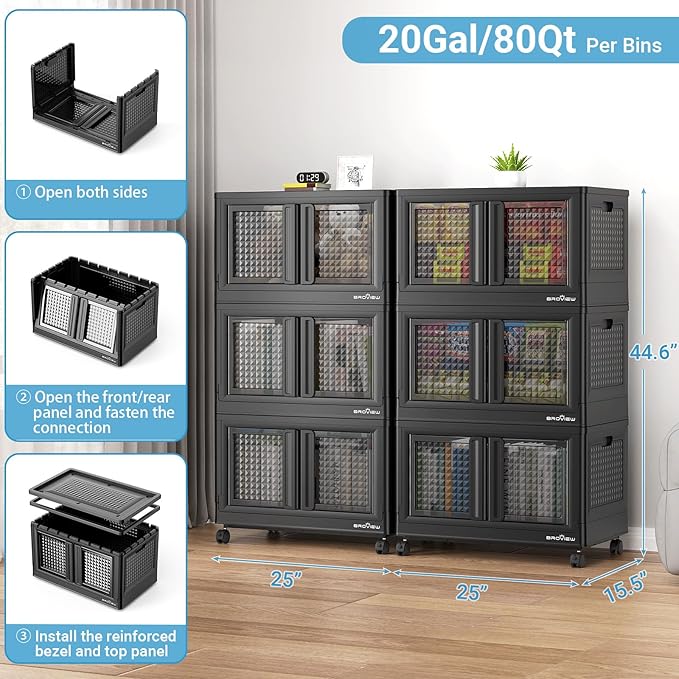 600Qt Stackable Storage Bins with Lids, 150Gal Closet Organizers and Storage Drawer, Plastic Collapsible Storage Bins with Doors, Heavy Duty Store Box Cabinet for Home Kitchen, 6Pack Black-Ruum Studio Home