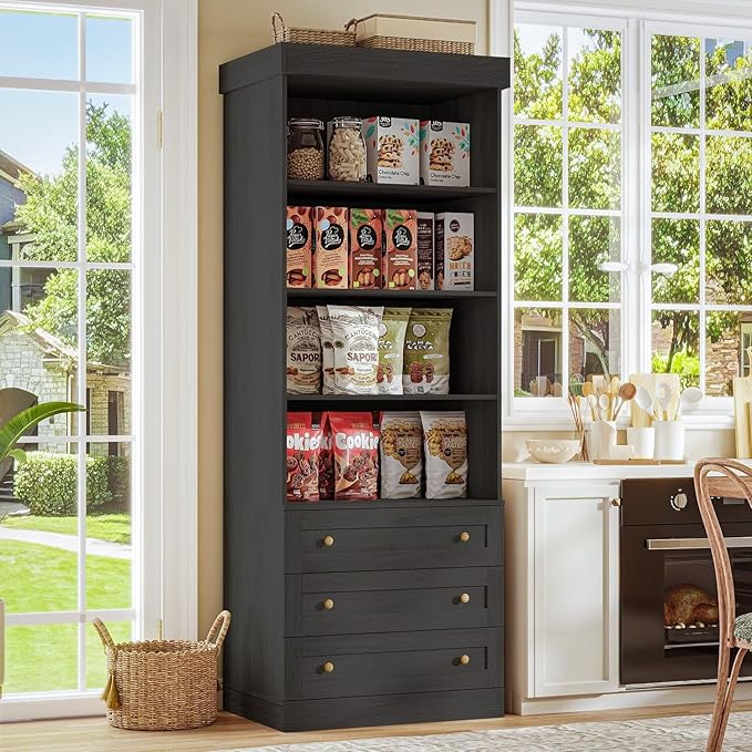 Vyre 71" Tall Farmhouse Bookshelves with Drawers, Large Modular Bookcase with Adjustable Shelves, Storage Cabinet for Living Room, Kitchen, Home Office, Black-Ruum Studio Home
