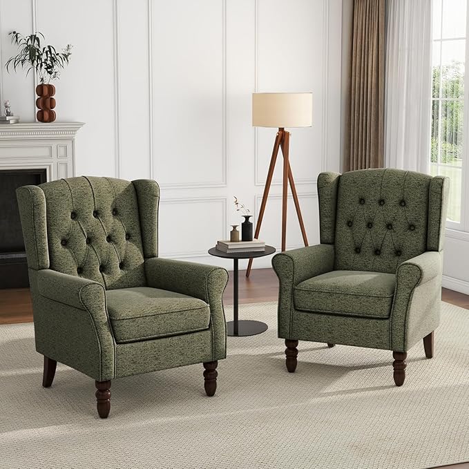 UIXE High Back Accent Chair, Upholstered Armchair in Fabric for Living Room, Retro Wingback Arm Chair Comfy Single Sofa Bedroom Reading Seat with Solid Wood Legs - Green-Ruum Studio Home