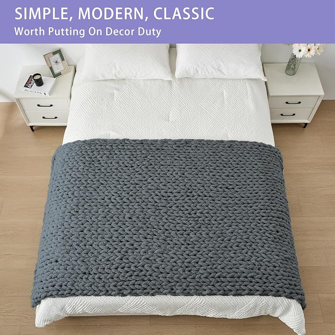 Bigacogo Chunky Knit Throw Blanket for Couch, 40x80 inches, 100% Hand Knitted with Thick Jumbo Chenille Yarn, Cozy Soft Large Rope Knot Cable Crochet Blankets for Sofa Bed Living Room, Iron Gray-Ruum Studio Home