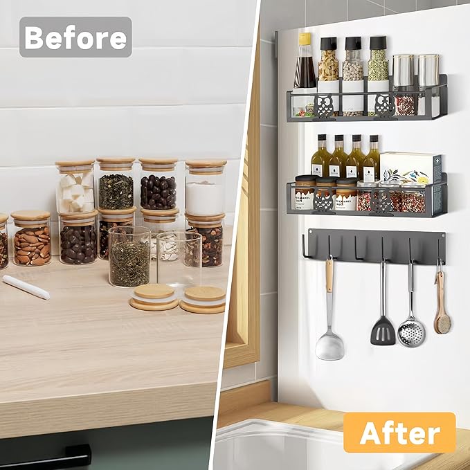 Spice Rack Magnetic for Fridge,Magnetic Fridge Shelf,Spice Shelf,Condiment Organizer,Refrigerator Organizers and Storage with Magnetic Hooks,Owl Kitchen Decor(Gray)-Ruum Studio Home